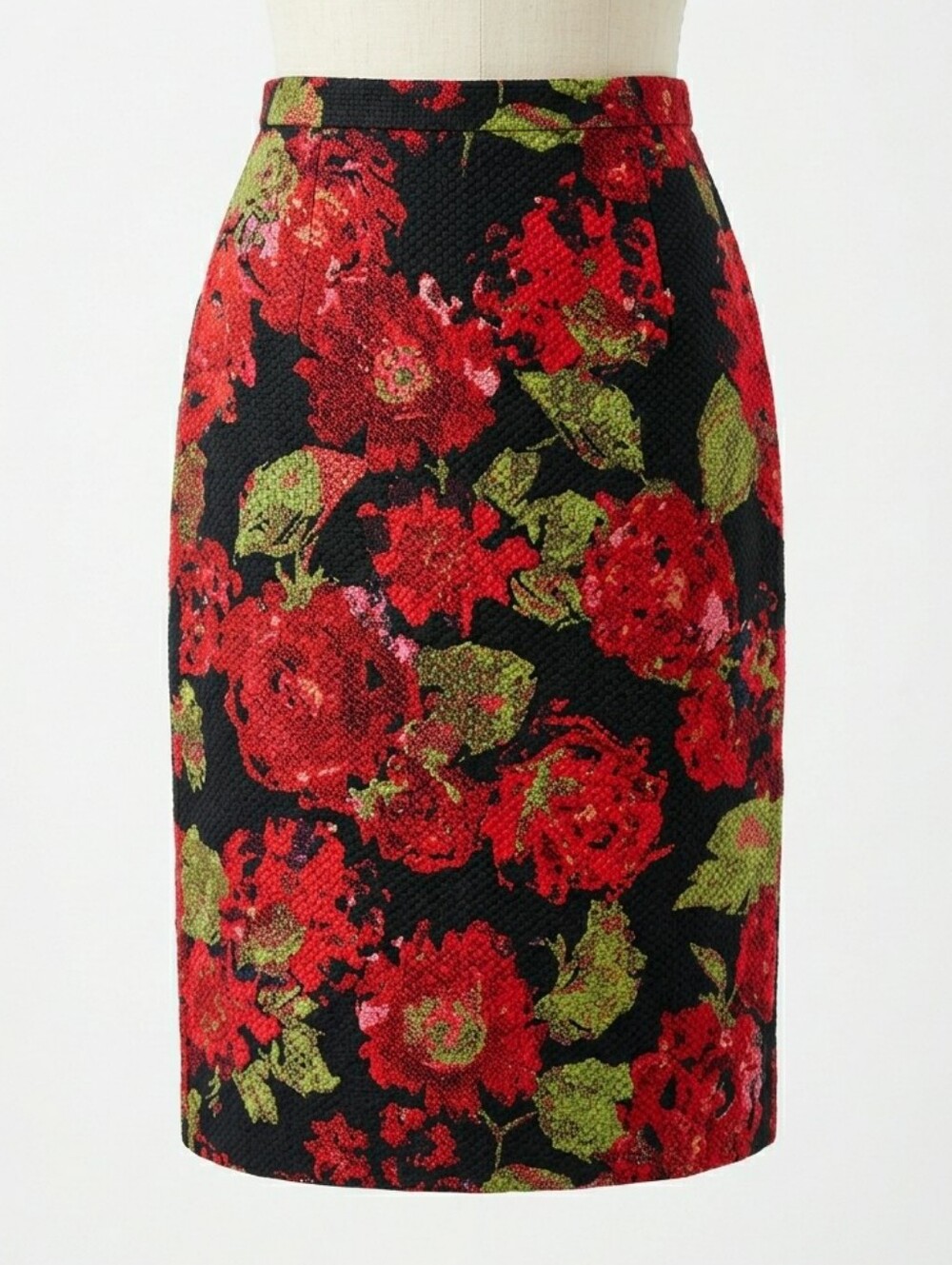 TALBOTS Black Red Rose Floral Textured Pencil Skirt Size 4